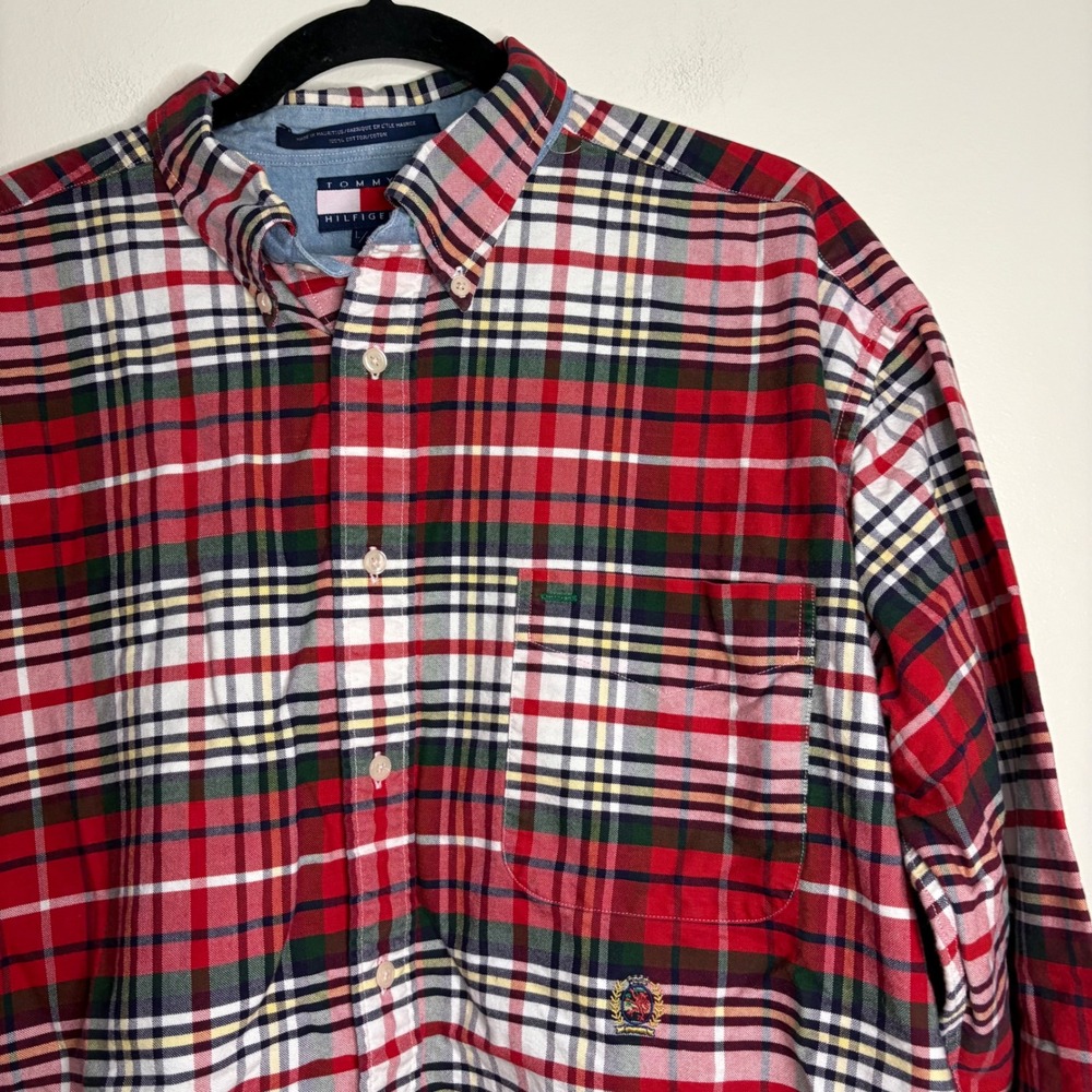 Tommy Hilfiger Mens L Plaid Button Down‎ Long Sleeve Shirt Red White Green
